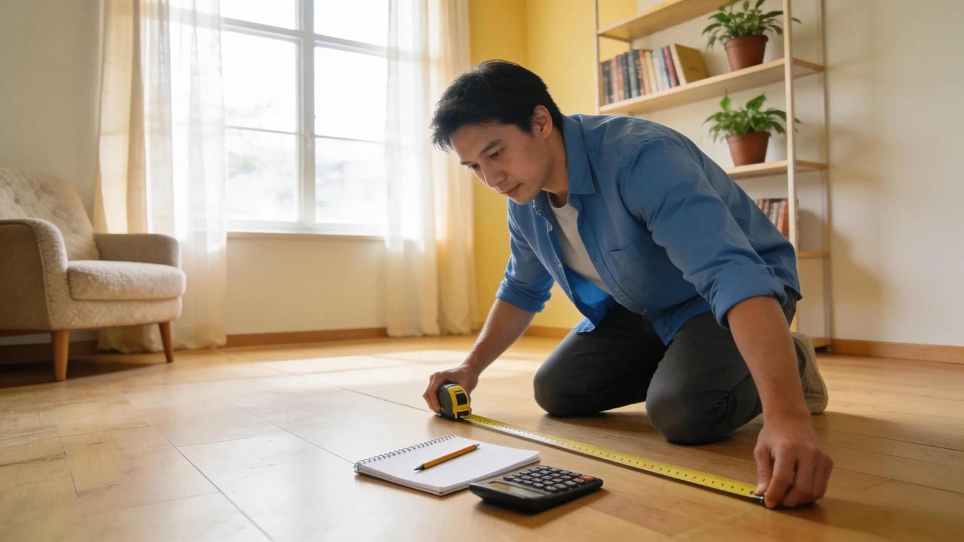 Homeowner calculating cooling load with measuring tape and tools in a bright room