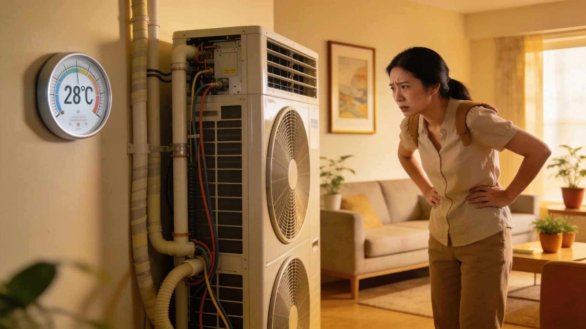 Frustrated homeowner with oversized air conditioning unit highlighting common sizing mistakes