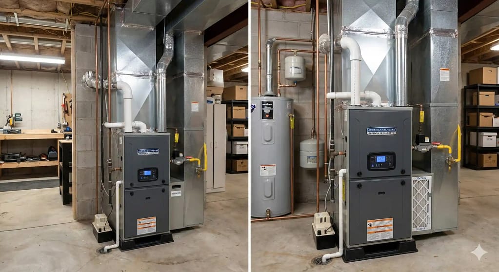 Modern furnace and water heater installation in a New Jersey basement.