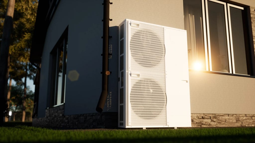 Exterior heat pump unit installed on a home, providing efficient heating and cooling.