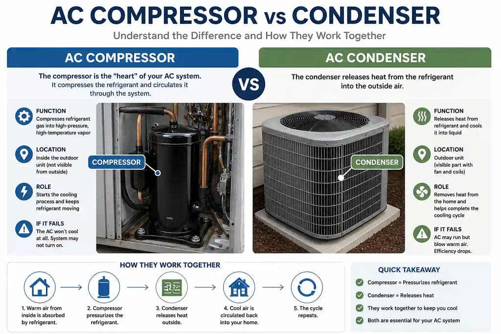 AC compressor and condenser comparison infographic illustrating HVAC system components.