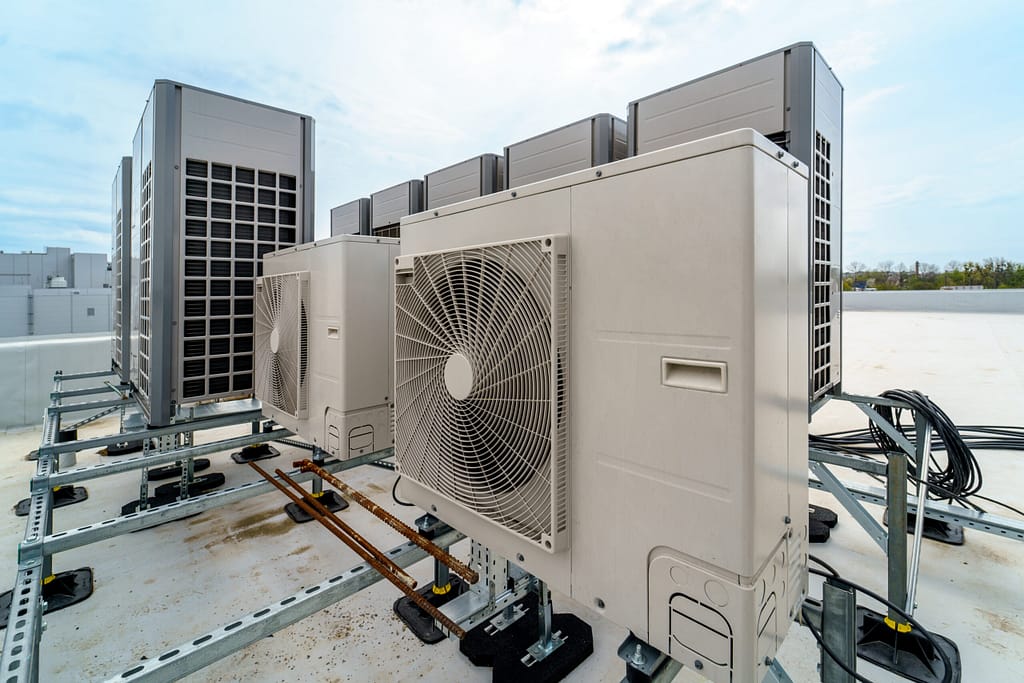 Air conditioning units installed on a rooftop in New Jersey.