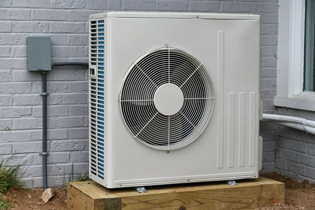 Heat pump exterior unit mounted on a concrete pad against a gray brick wall.