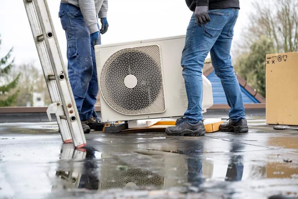 Technicians installing an air conditioning unit on a rooftop in New Jersey
