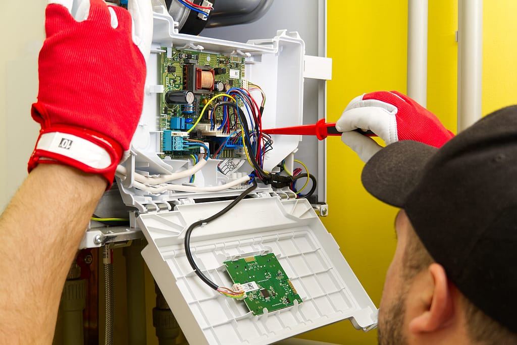Technician repairing electrical system in HVAC unit for furnace troubleshooting