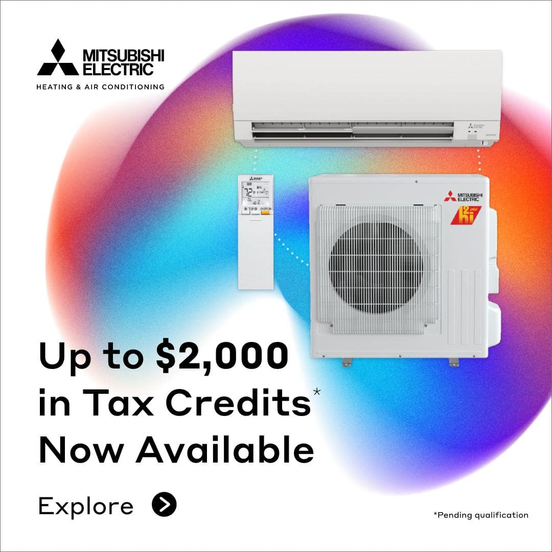 Mitsubishi Electric heating and air conditioning unit with remote control and tax credit information