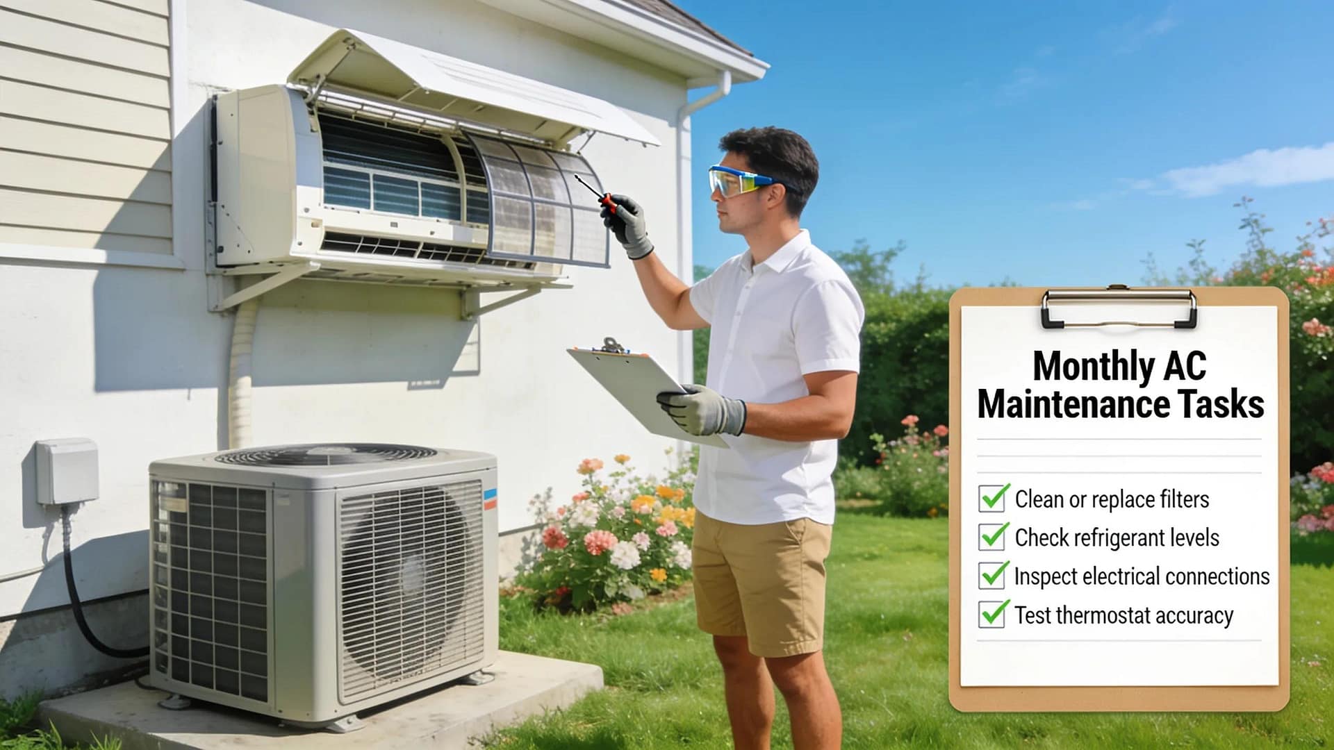 Homeowner performing monthly HVAC maintenance tasks to ensure system reliability and performance