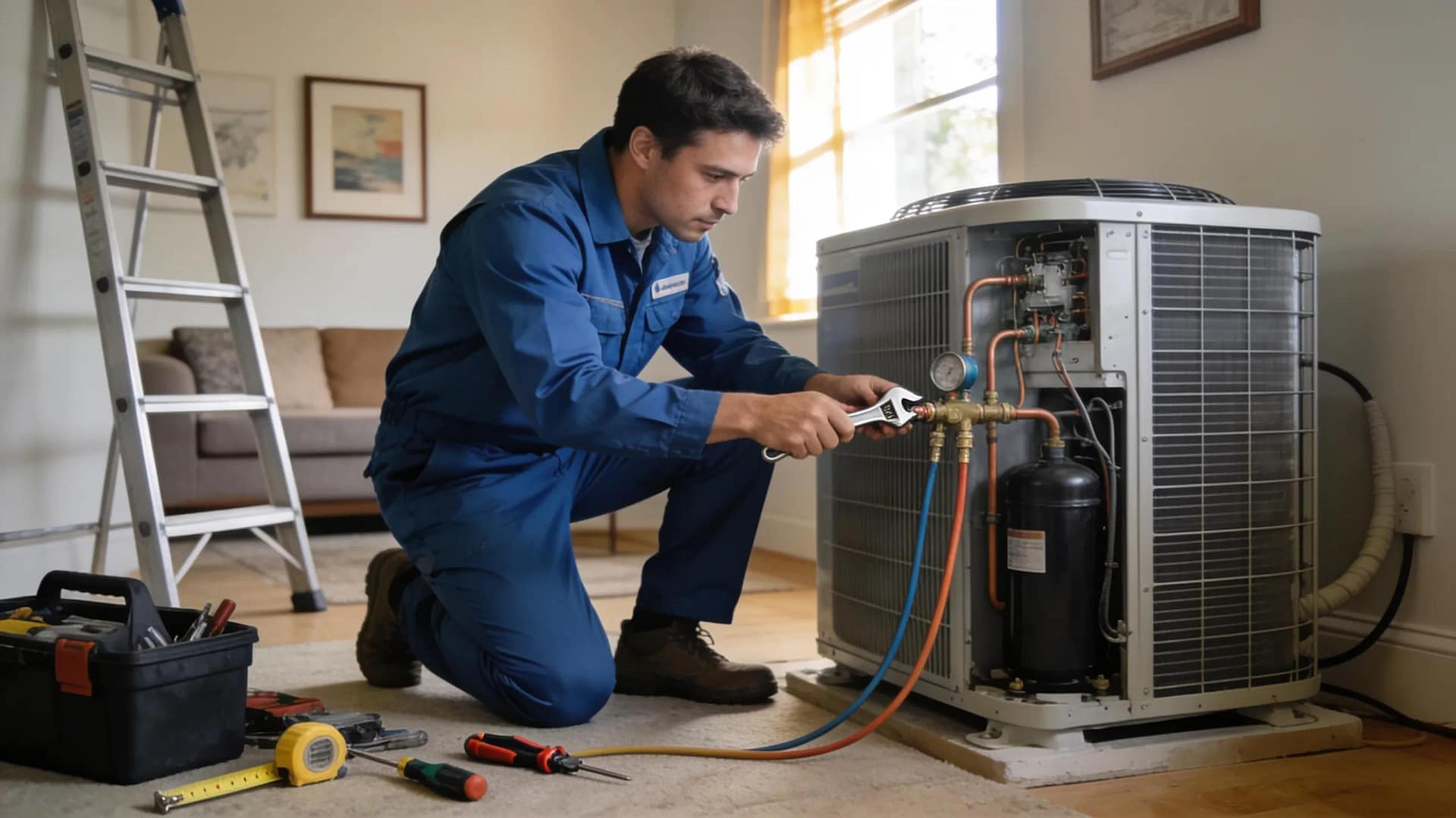 HVAC technician installing an air conditioning unit in a home, illustrating the installation process