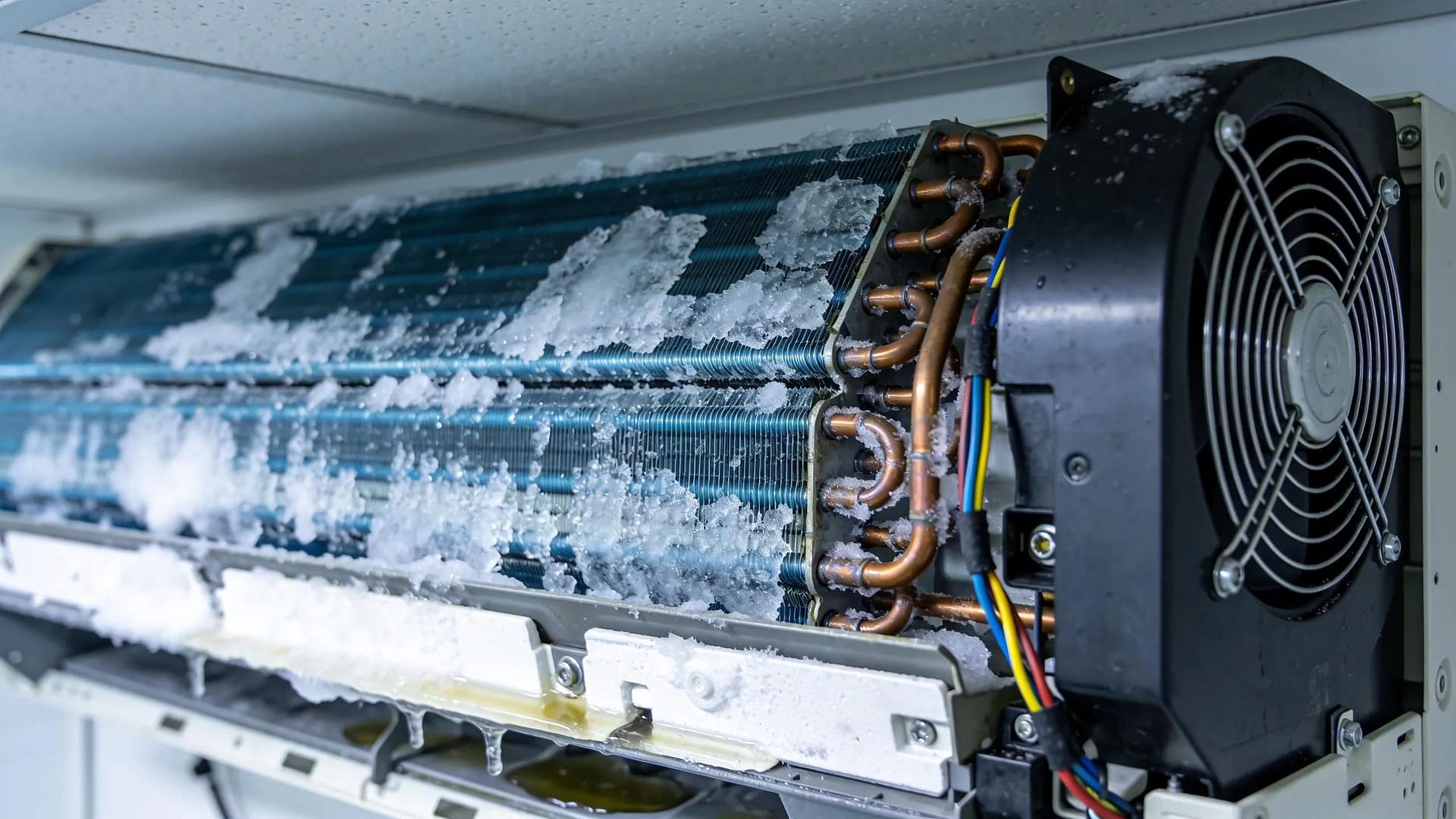 Frozen evaporator coils in an air conditioning unit, illustrating causes of internal leaks