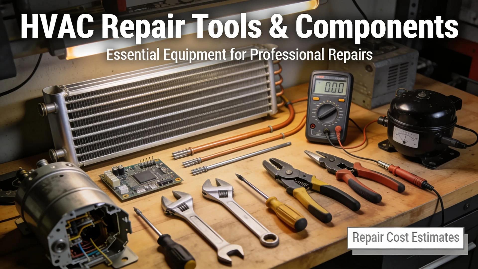 HVAC repair tools and components arranged on a workbench, relevant to air conditioning repair costs.