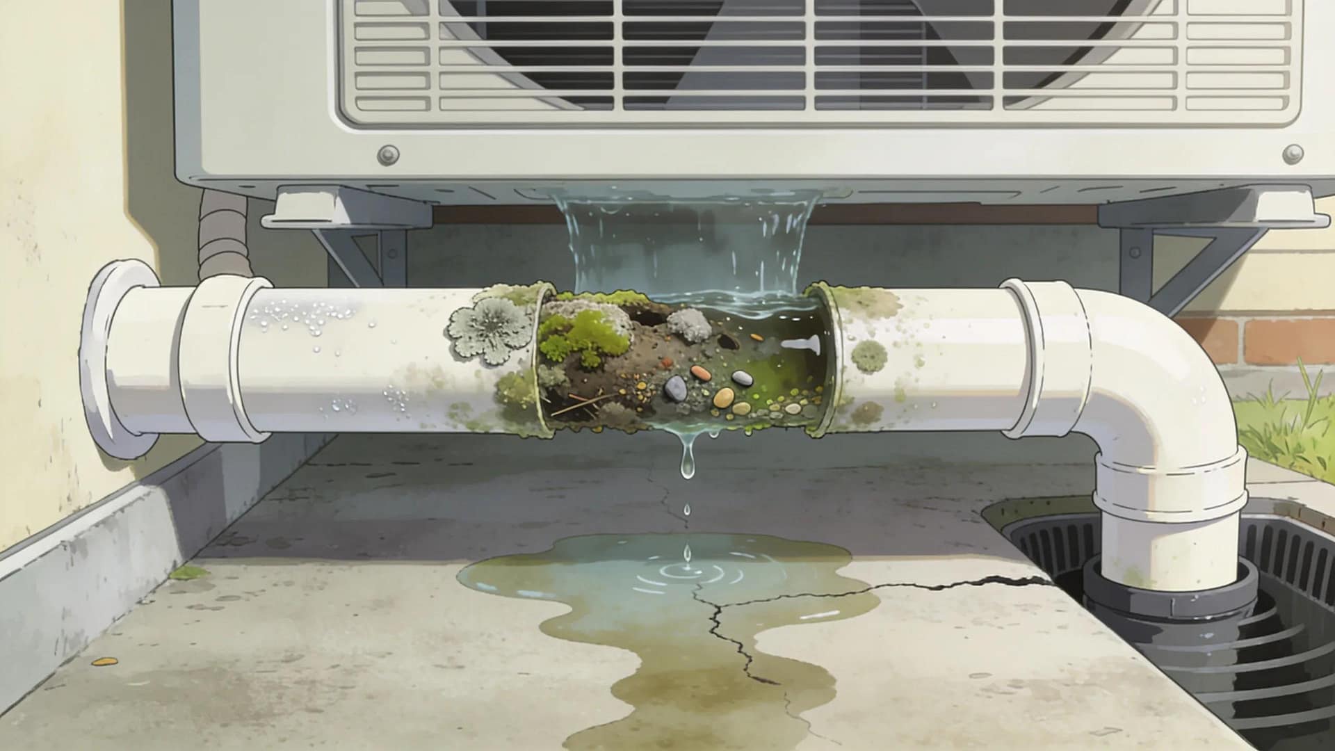 Clogged AC drain line with debris causing water buildup, highlighting leak causes