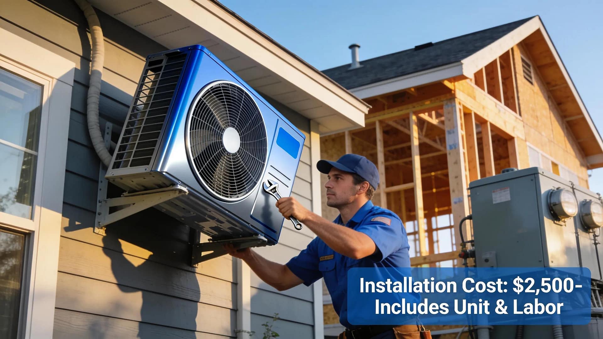 Technician installing a new air conditioning unit in a suburban home, related to AC installation costs.
