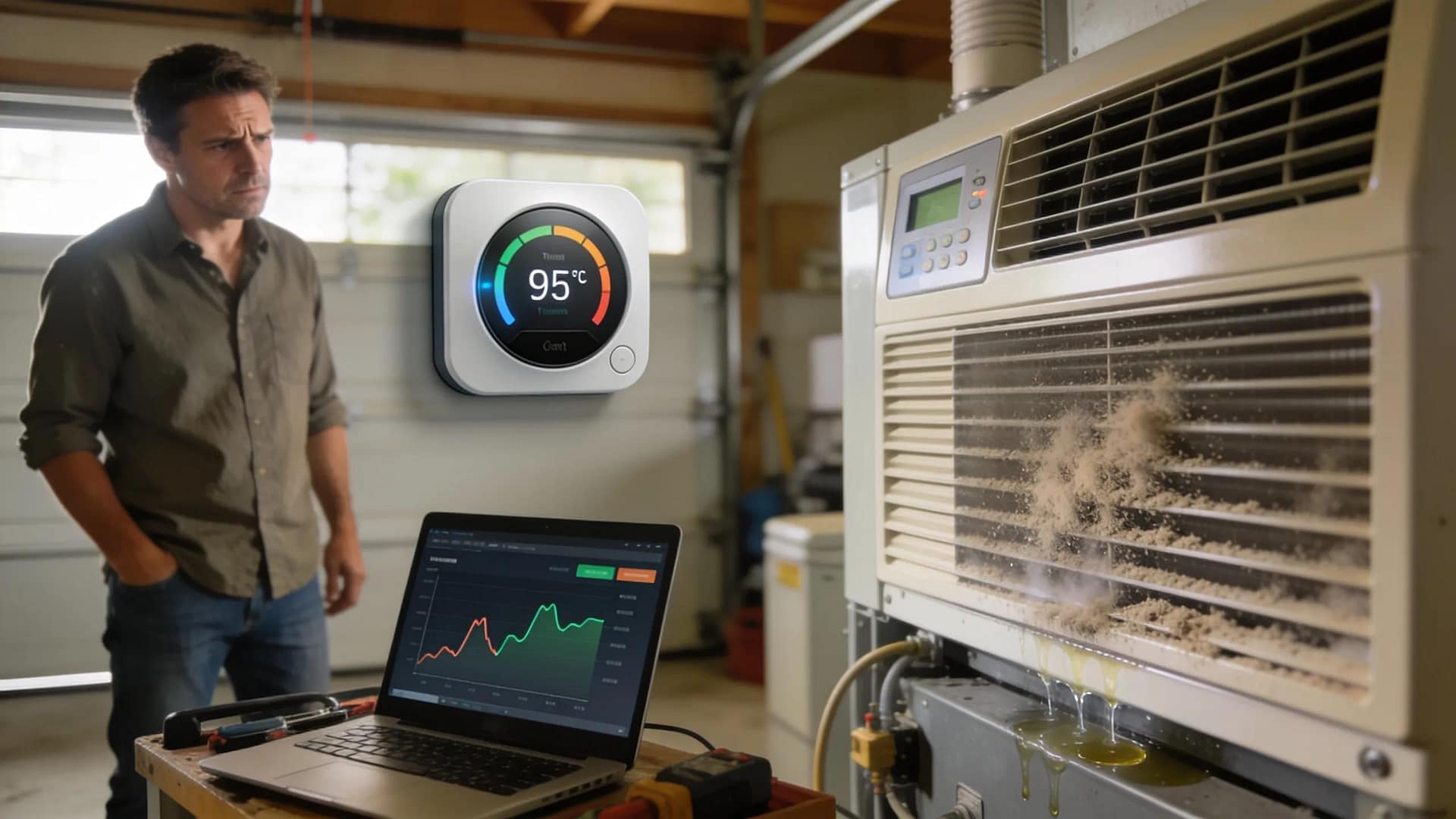 Homeowner inspecting AC unit for signs of repair needs, illustrating proactive HVAC care