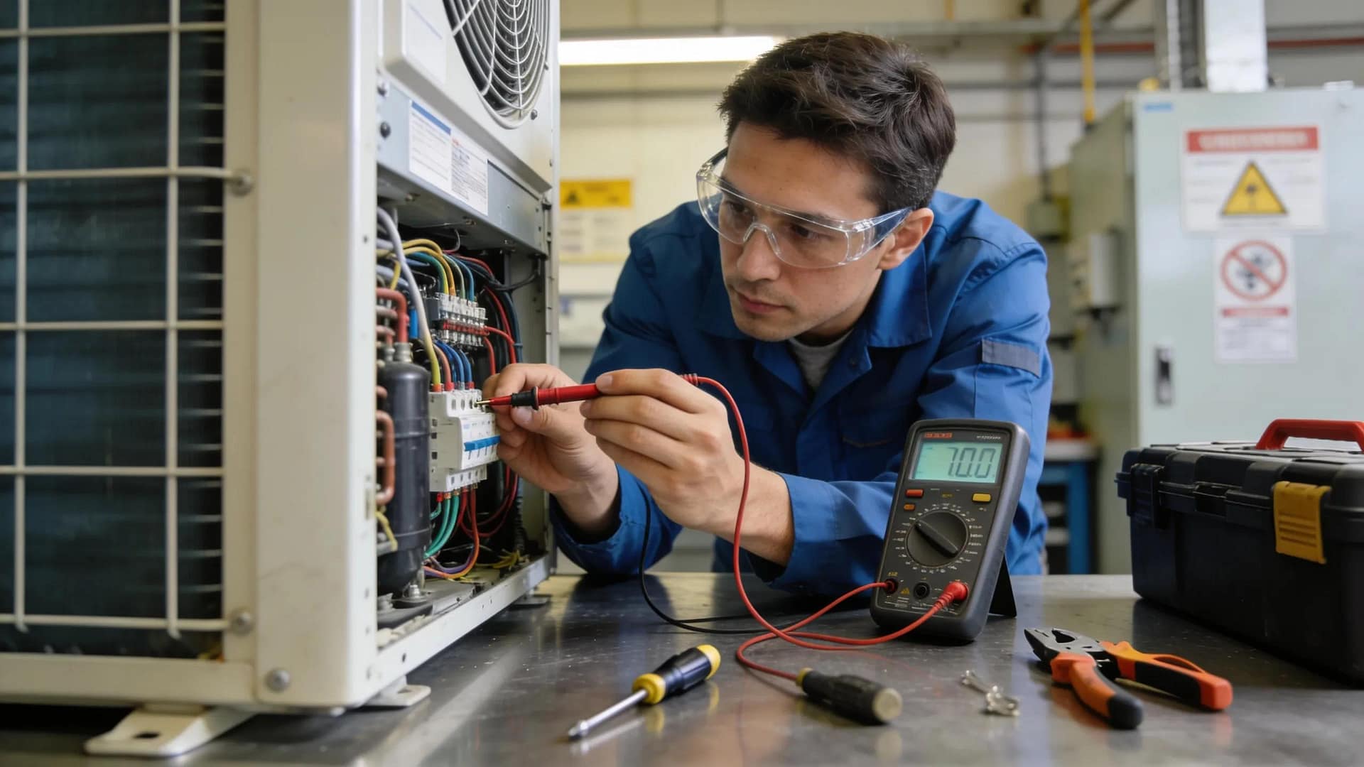 Technician conducting electrical system check on air conditioning unit using multimeter