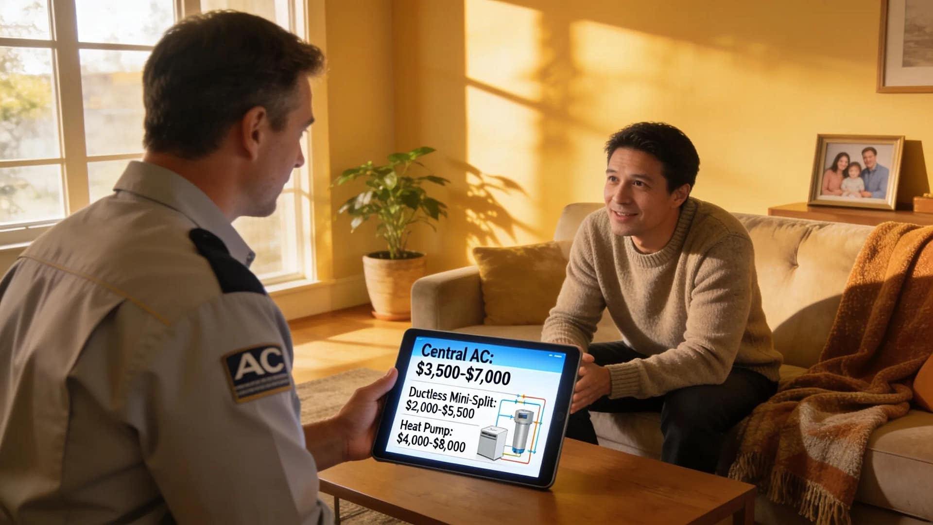 Homeowner consulting with HVAC technician about air conditioning options and pricing