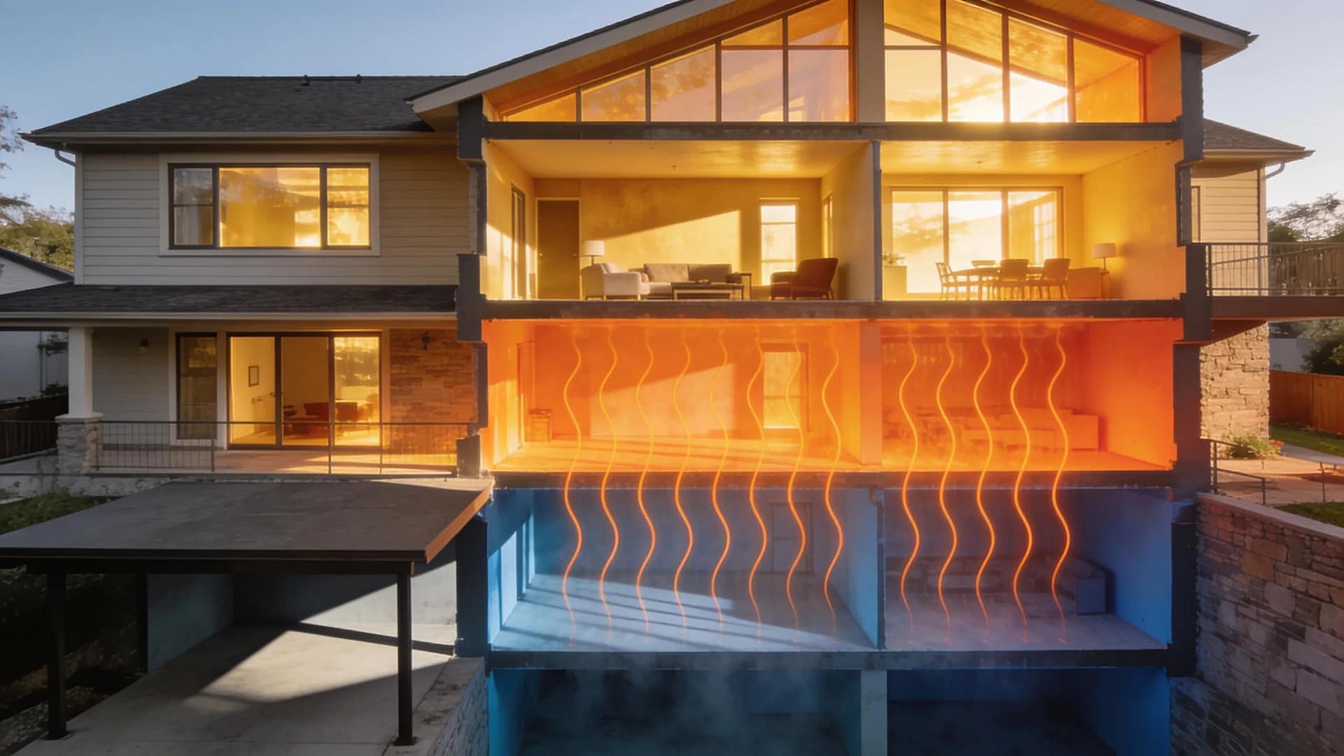 Illustration of a multi-story home showcasing variations in temperature due to heat rising and sun exposure