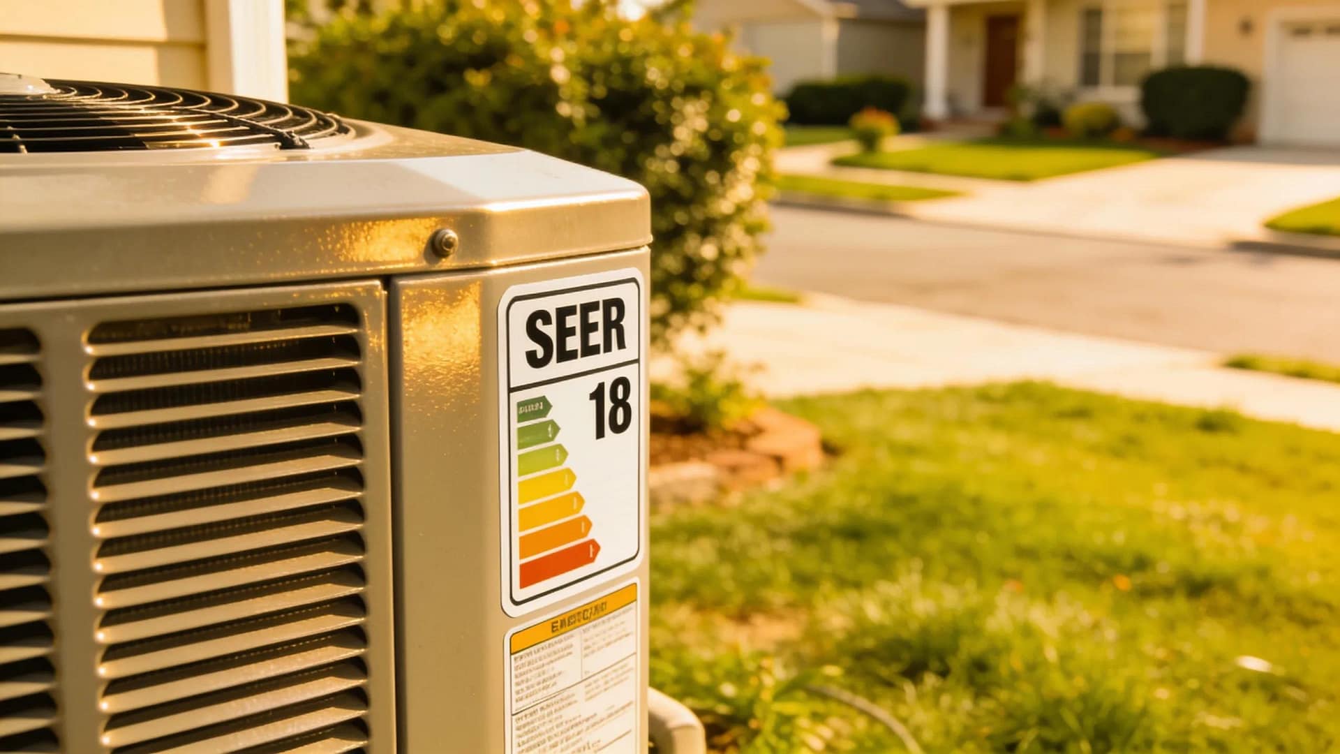 Air conditioning unit with energy efficiency labels, illustrating factors affecting energy consumption