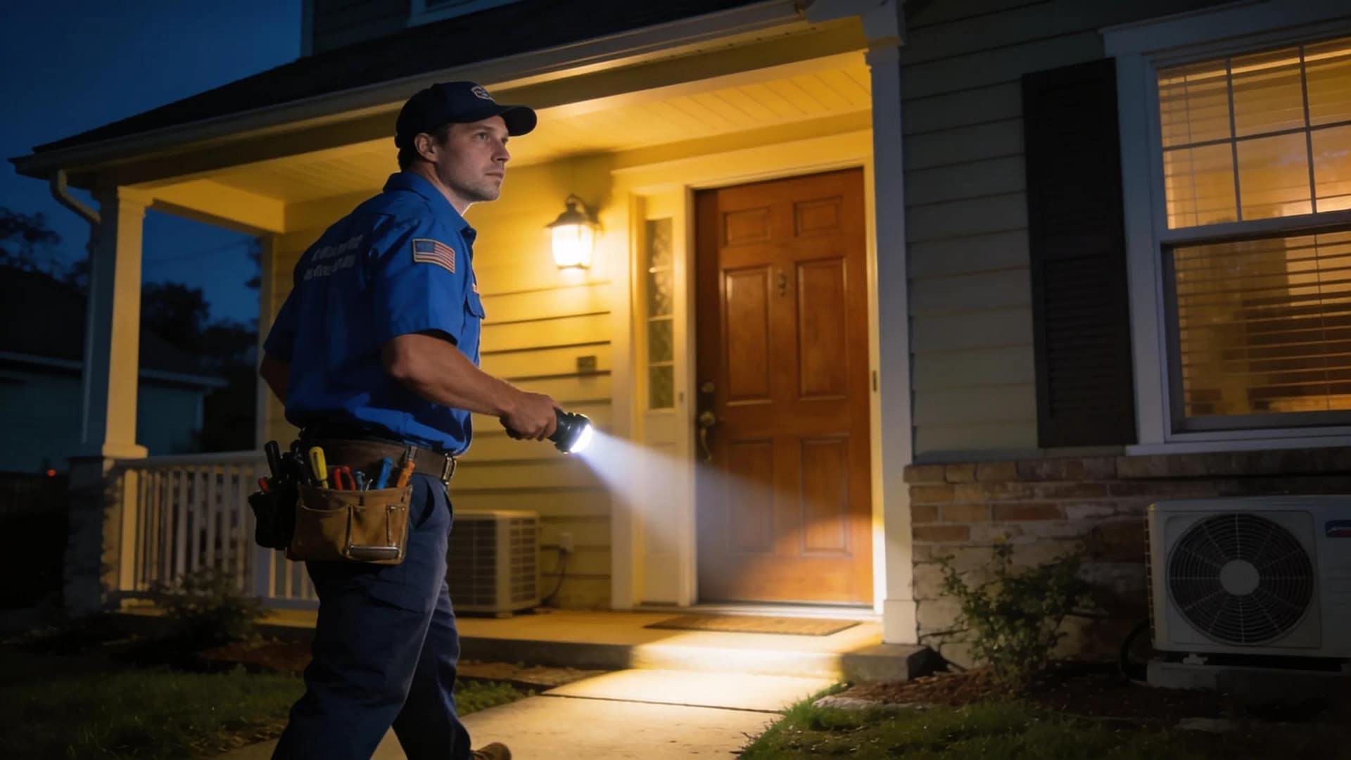HVAC technician responding to an emergency AC repair call at night in Morris County NJ