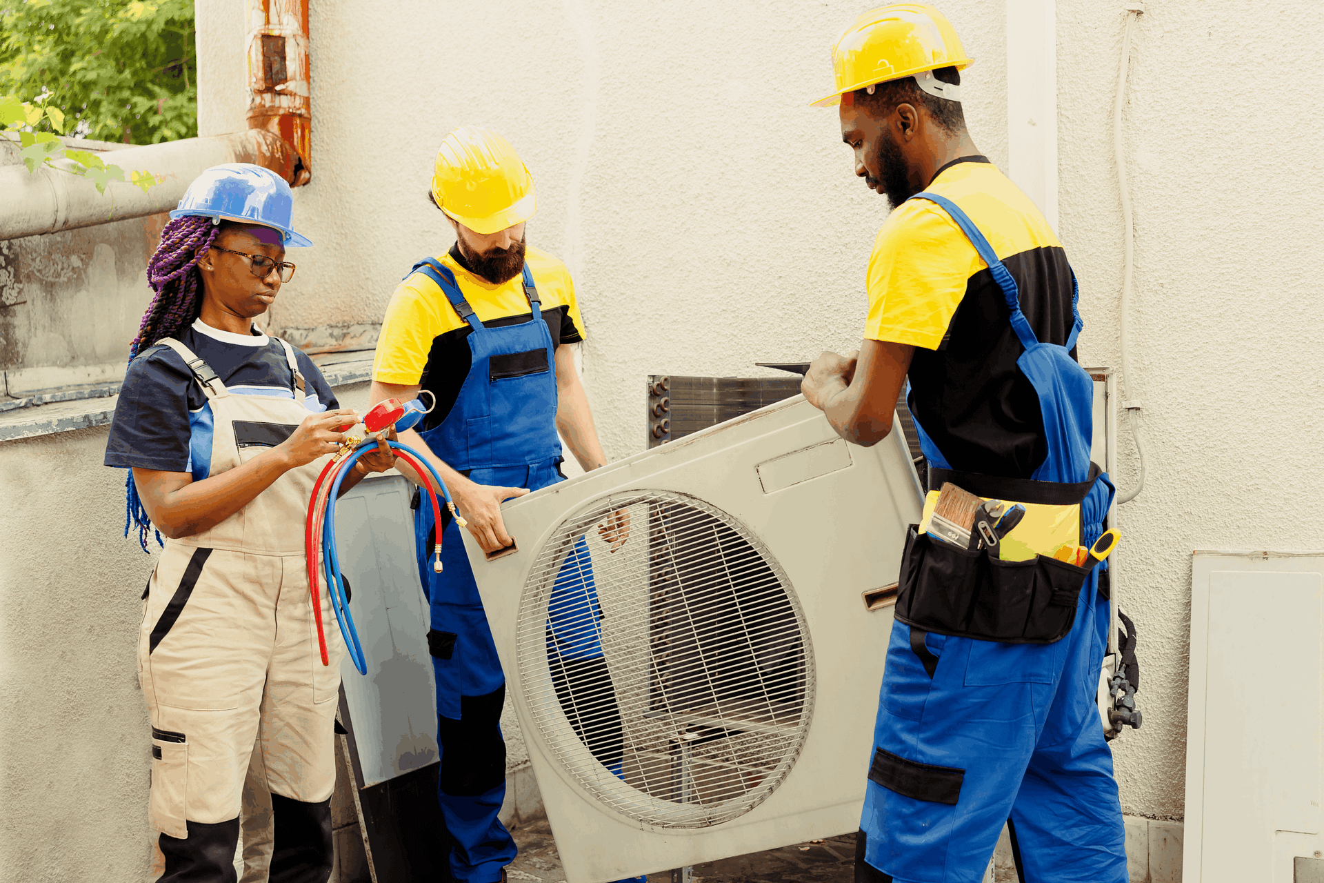 HVAC technician installing new air conditioner system with tools showing typical AC installation timeline process