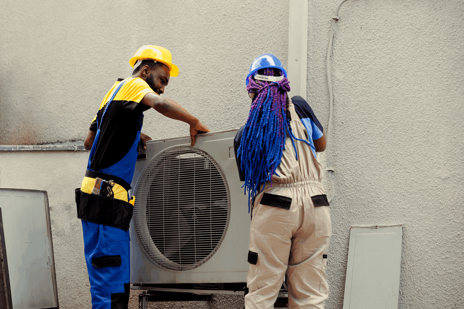 HVAC technician installing new air conditioner system with tools showing typical AC installation timeline process