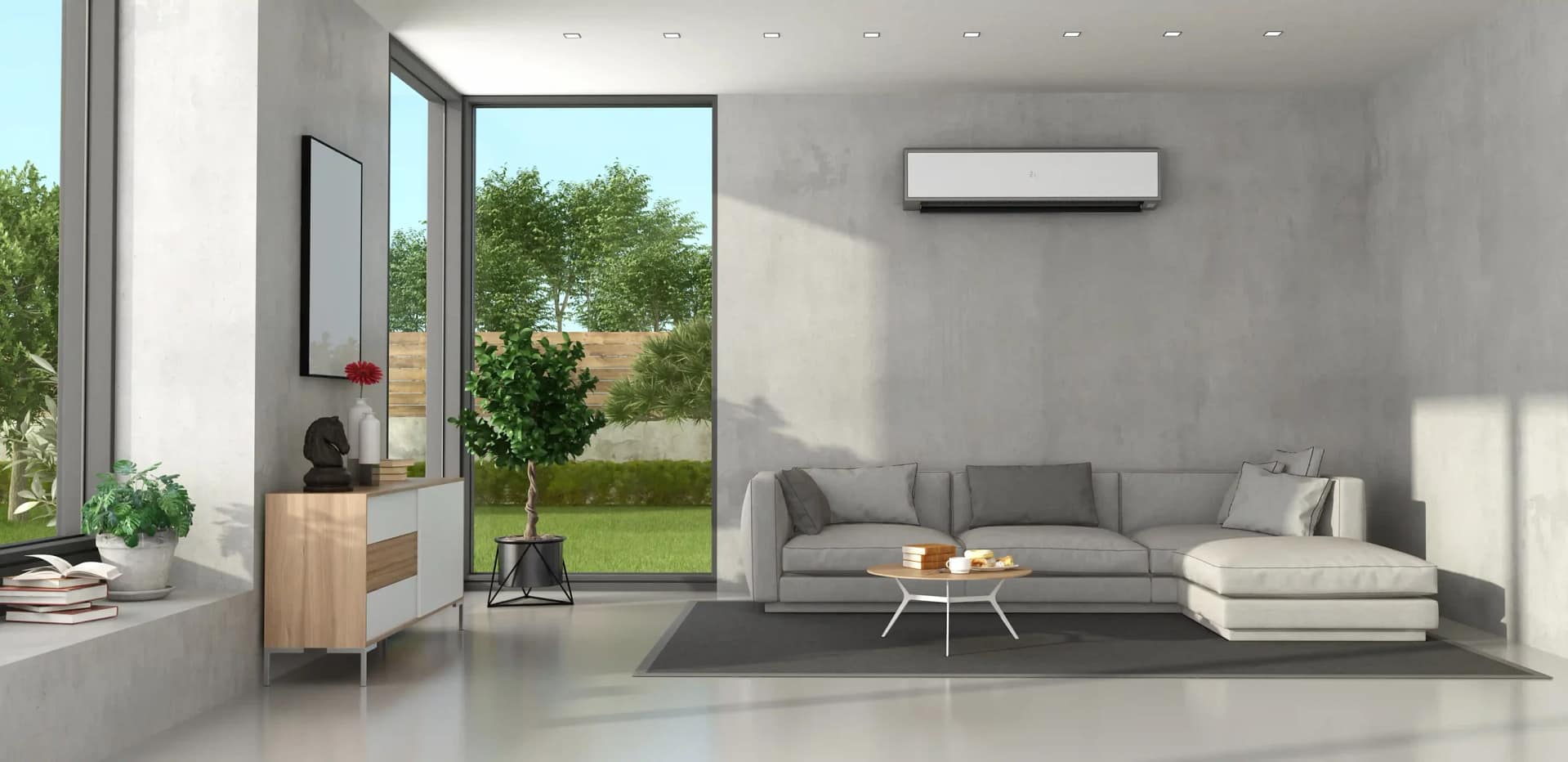 Modern living room featuring a ductless air conditioning unit and natural light.