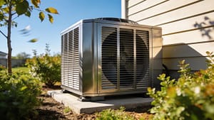 Outdoor air conditioning unit in a residential setting during summer